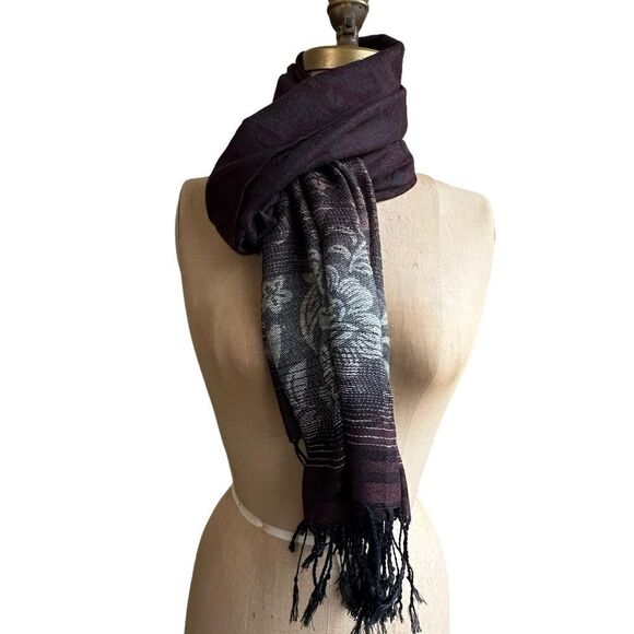 Pashmina Brown 100% Cashmere Floral Paisley Tasseled Shawl Scarf Wrap 28”x 66” - Picture 3 of 10